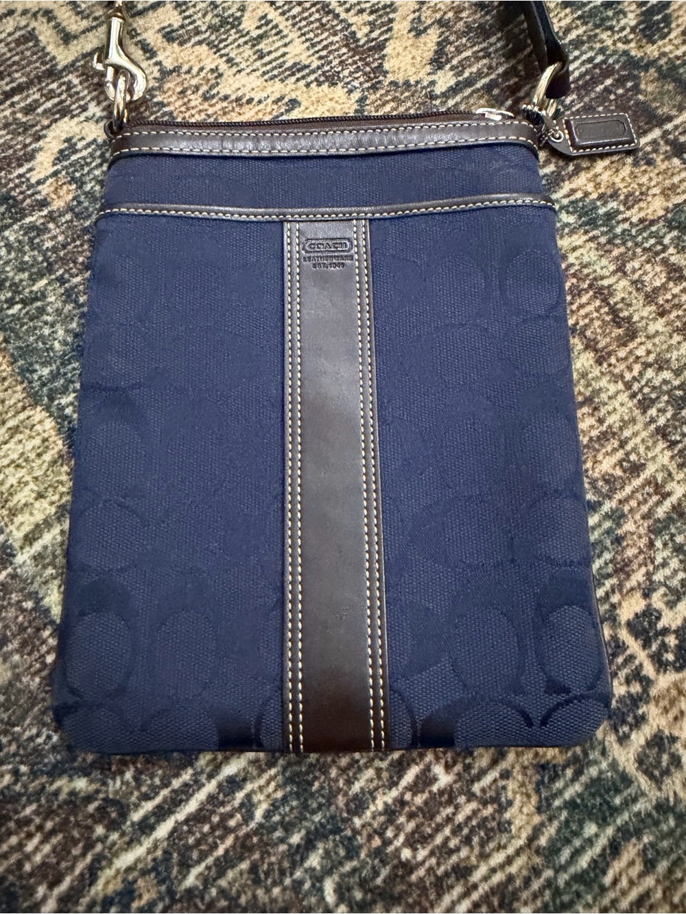 Coach Navy and Brown Signature Slim Messenger Crossbody